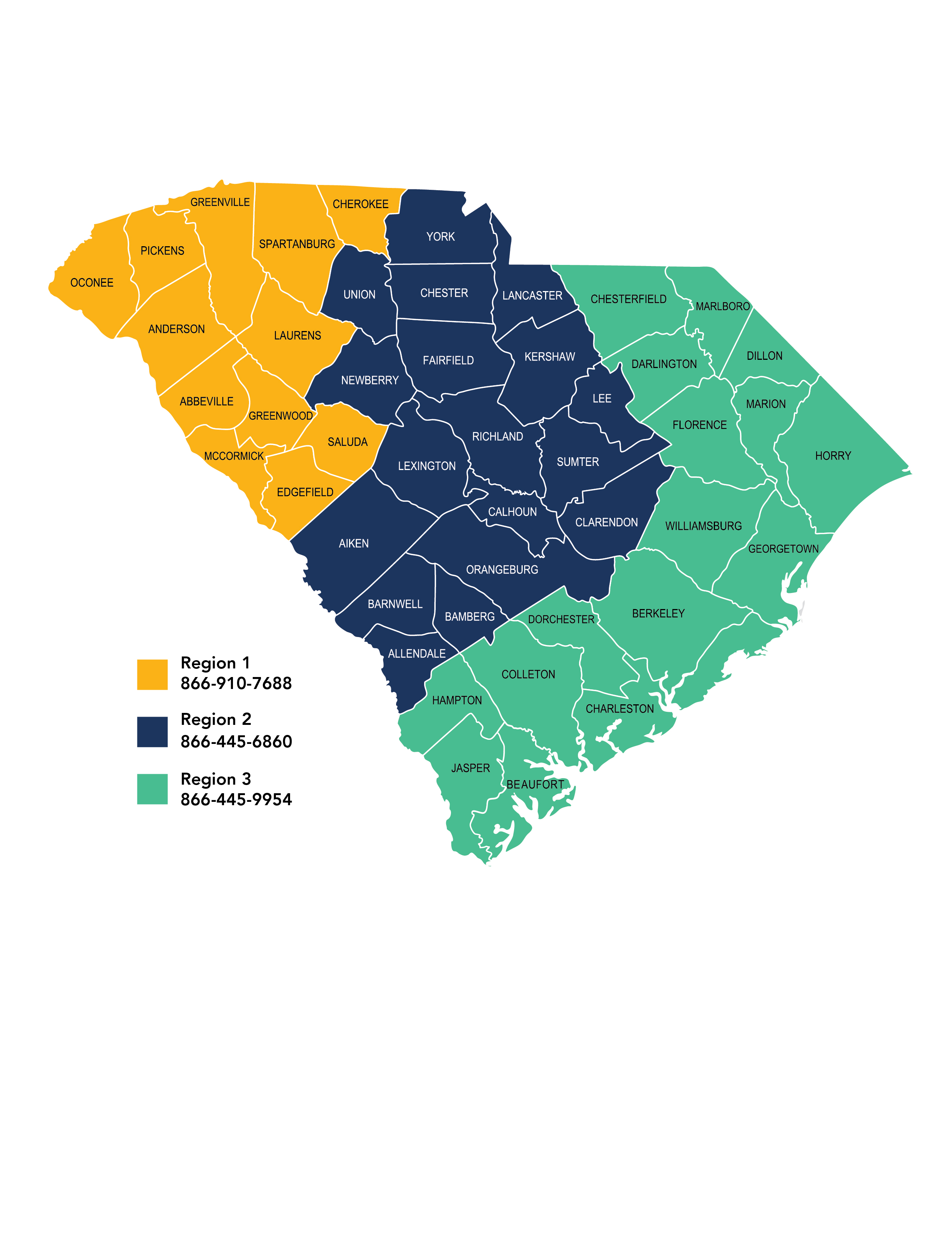 Map of South Carolina color coded for three regions