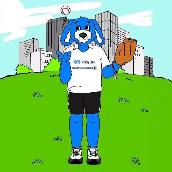 Coach Blue, a blue dog mascot throws a baseball while wearing a mitt.